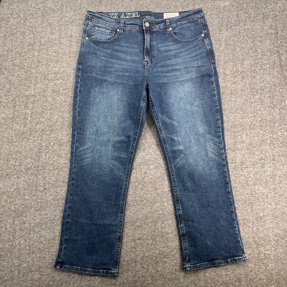 TK Axel Slim Boot Jeans Medium Wash Blue Denim 38x30 Bootcut Whiskered‎ Mens
